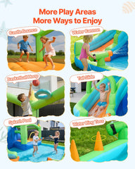 Inflatable Bounce House, 3.4 x 3.74 x 2.13 m Inflatable Bounce House Water Slide, Bouncer Castle with Castle Bounces, Basketball Hoop, Splash Pool & Water Ring Toss, for 3 to 4 Kids Ages 3 to 8