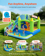 Inflatable Bounce House, 3.4 x 3.74 x 2.13 m Inflatable Bounce House Water Slide, Bouncer Castle with Castle Bounces, Basketball Hoop, Splash Pool & Water Ring Toss, for 3 to 4 Kids Ages 3 to 8