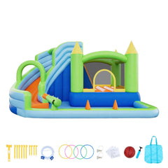 Inflatable Bounce House, 3.4 x 3.74 x 2.13 m Inflatable Bounce House Water Slide, Bouncer Castle with Castle Bounces, Basketball Hoop, Splash Pool & Water Ring Toss, for 3 to 4 Kids Ages 3 to 8