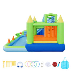 Inflatable Bounce House, 3.4 x 3.74 x 2.13 m Inflatable Bounce House Water Slide, Bouncer Castle with Castle Bounces, Basketball Hoop, Splash Pool & Water Ring Toss, for 3 to 4 Kids Ages 3 to 8