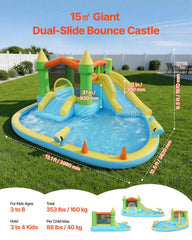 Inflatable Bounce House, 3.82 x 3.98 x 1.97 m Inflatable Bounce House Water Slide, Bouncer Castle with Castle Bounces, Basketball Hoop, Splash Pool & Water Ring Toss, for 3 to 4 Kids Ages 3 to 8