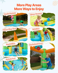 Inflatable Bounce House, 3.82 x 3.98 x 1.97 m Inflatable Bounce House Water Slide, Bouncer Castle with Castle Bounces, Basketball Hoop, Splash Pool & Water Ring Toss, for 3 to 4 Kids Ages 3 to 8