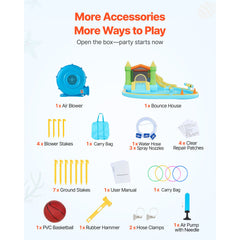 Inflatable Bounce House, 3.82 x 3.98 x 1.97 m Inflatable Bounce House Water Slide, Bouncer Castle with Castle Bounces, Basketball Hoop, Splash Pool & Water Ring Toss, for 3 to 4 Kids Ages 3 to 8