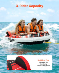 Towable Tube for Boating, 3 Riders Inflatable Boat Tubes and Towables, 231 kg Capacity Water Sport Towable Tube for Boat to Pull - with Fins, Full Nylon Cover, Padded Handles & Safety Valve