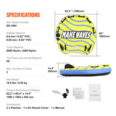 Towable Tube for Boating, 1-3 Riders Inflatable Towable Tube with Bumper Fins, 510 lbs Water Sport Towable Tubes for Boats to Pull, Full Nylon Cover, EVA Grab Handles and Speed Safety Valve