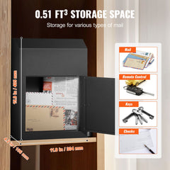 Through The Door Key Drop Box, Heavy Duty Steel Through the Door Mailbox with 1.8" 12" Key Lock, 12x6x16" Mail Drop Box, Black