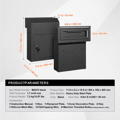 Through The Door Key Drop Box, Heavy Duty Steel Through the Door Mailbox with 1.8" 12" Key Lock, 12x6x16" Mail Drop Box, Black