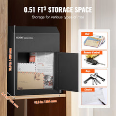 Through The Door Key Drop Box, Heavy Duty Steel Through the Door Mailbox with 1.8" 12" Key Lock, 12x6x16" Mail Drop Box, Black