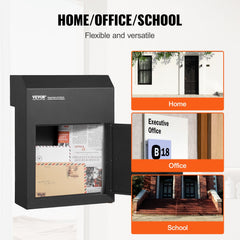 Through The Door Key Drop Box, Heavy Duty Steel Through the Door Mailbox with 1.8" 12" Key Lock, 12x6x16" Mail Drop Box, Black