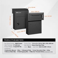 Through The Door Key Drop Box, Heavy Duty Steel Through the Door Mailbox with 1.8" 12" Key Lock, 12x6x16" Mail Drop Box, Black
