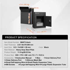 Through The Wall Drop Box, Heavy Duty Steel Through the Wall Mailbox with 2.8-7.9" 13" Combination Lock, 13x7x17" Mail Drop Box, Black