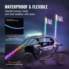 2 PCS 5 FT Whip Light, APP & RF Remote Control Led Whip Light, Waterproof Spiral RGB Chasing Lighted Whips with 4 Flags, for UTVs, ATVs, Motorcycles, RZR, Can-am, Trucks, Off-road, Go-karts