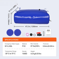 Portable Water Storage Bladder 87 Gal 1000D PVC Collapsible Water Tank