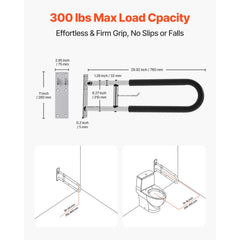 Toilet Safety Rail, 76.5 cm U-Shaped Handicap Grab Bar, Foldable Senior Safety Pole, Flip Up Toilet Grab Bars with Anti-Slip Handle, 136 kg Load Capacity Security Handrail with Paper Holder
