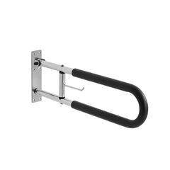 Toilet Safety Rail, 76.5 cm U-Shaped Handicap Grab Bar, Foldable Senior Safety Pole, Flip Up Toilet Grab Bars with Anti-Slip Handle, 136 kg Load Capacity Security Handrail with Paper Holder