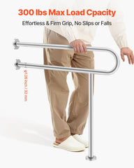 Toilet Safety Rail, 80 cm U-Shaped Handicap Grab Bar, 304 Stainless Steel Senior Safety Pole, Toilet Grab Bars with Anti-Slip Handle, 136 kg Load Capacity Security Handrail with Support Leg