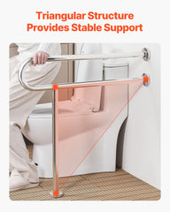 Toilet Safety Rail, 80 cm U-Shaped Handicap Grab Bar, 304 Stainless Steel Senior Safety Pole, Toilet Grab Bars with Anti-Slip Handle, 136 kg Load Capacity Security Handrail with Support Leg