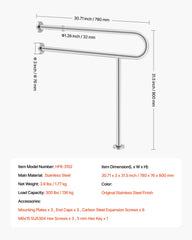 Toilet Safety Rail, 80 cm U-Shaped Handicap Grab Bar, 304 Stainless Steel Senior Safety Pole, Toilet Grab Bars with Anti-Slip Handle, 136 kg Load Capacity Security Handrail with Support Leg