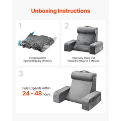 Reading Pillow, Backrest Support Pillow with Arm and 3 Pockets, Large Size Bed Pillow with Removable Headrest & 25D Sponge, Handle for Easy Carrying, for Reading, Gaming, Resting, Working, Grey
