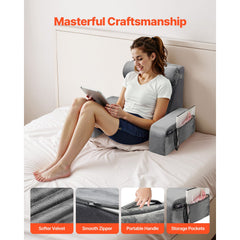 Reading Pillow, Backrest Support Pillow with Arm and 3 Pockets, Large Size Bed Pillow with Removable Headrest & 25D Sponge, Handle for Easy Carrying, for Reading, Gaming, Resting, Working, Grey