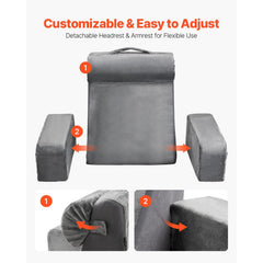 Reading Pillow, Backrest Support Pillow with Arm and 3 Pockets, Large Size Bed Pillow with Removable Headrest & 25D Sponge, Handle for Easy Carrying, for Reading, Gaming, Resting, Working, Grey