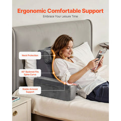Reading Pillow, Backrest Support Pillow with Arm and 3 Pockets, Large Size Bed Pillow with Removable Headrest & 25D Sponge, Handle for Easy Carrying, for Reading, Gaming, Resting, Working, Grey