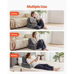 Reading Pillow, Backrest Support Pillow with Arm and 3 Pockets, Large Size Bed Pillow with Removable Headrest & 25D Sponge, Handle for Easy Carrying, for Reading, Gaming, Resting, Working, Grey