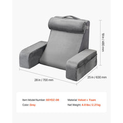 Reading Pillow, Backrest Support Pillow with Arm and 3 Pockets, Large Size Bed Pillow with Removable Headrest & 25D Sponge, Handle for Easy Carrying, for Reading, Gaming, Resting, Working, Grey