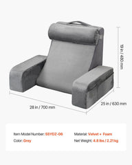 Reading Pillow, Backrest Support Pillow with Arm and 3 Pockets, Large Size Bed Pillow with Removable Headrest & 25D Sponge, Handle for Easy Carrying, for Reading, Gaming, Resting, Working, Grey