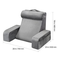 Reading Pillow, Backrest Support Pillow with Arm and 3 Pockets, Large Size Bed Pillow with Removable Headrest & 25D Sponge, Handle for Easy Carrying, for Reading, Gaming, Resting, Working, Grey