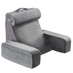 Reading Pillow, Backrest Support Pillow with Arm and 3 Pockets, Large Size Bed Pillow with Removable Headrest & 25D Sponge, Handle for Easy Carrying, for Reading, Gaming, Resting, Working, Grey