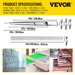 Drawer Slides, 1 Pair 42 Inch Heavy Duty Drawer Slides, Ball Bearing Side Mount Drawer Hardware Slides, 500 LBS Load Capacity 3-Section Full Extension Drawer Slides for Smooth Slide, Less Noise