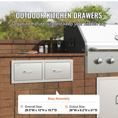 Outdoor Kitchen Drawers 30" W x 10" H x 20" D, Horizontal Double BBQ Access Drawers Stainless Steel with Handle, BBQ Island Drawers for Outdoor Kitchens or Patio Grill Station