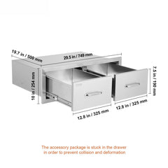 Outdoor Kitchen Drawers 30" W x 10" H x 20" D, Horizontal Double BBQ Access Drawers Stainless Steel with Handle, BBQ Island Drawers for Outdoor Kitchens or Patio Grill Station