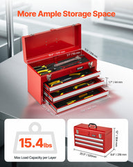 Tool Box 520 mm Portable Metal Tool Box 3 Drawers Tool Organizer Red