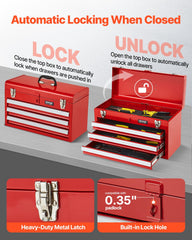 Tool Box 520 mm Portable Metal Tool Box 3 Drawers Tool Organizer Red
