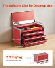Metal Tool Box, 8.6-inch, Portable Metal Tool Box with 3 Drawers, Small Tool Chest with EVA Liners and PP Feet Pads, Heavy-Duty Steel With Ball Bearing Opening and Powder Coated Finish, Red