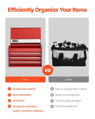 Metal Tool Box, 8.6-inch, Portable Metal Tool Box with 3 Drawers, Small Tool Chest with EVA Liners and PP Feet Pads, Heavy-Duty Steel With Ball Bearing Opening and Powder Coated Finish, Red