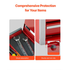 Metal Tool Box, 8.6-inch, Portable Metal Tool Box with 3 Drawers, Small Tool Chest with EVA Liners and PP Feet Pads, Heavy-Duty Steel With Ball Bearing Opening and Powder Coated Finish, Red