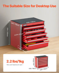 Metal Tool Box, 8.6-inch, Portable Metal Tool Box with 5 Drawers, Small Tool Chest with EVA Liners and PP Feet Pads, Heavy-Duty Steel With Ball Bearing Opening and Powder Coated Finish, Red