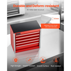 Metal Tool Box, 8.6-inch, Portable Metal Tool Box with 5 Drawers, Small Tool Chest with EVA Liners and PP Feet Pads, Heavy-Duty Steel With Ball Bearing Opening and Powder Coated Finish, Red