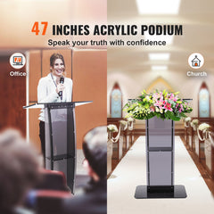 Acrylic Podium, 47" Tall, Acrylic Podium Stand with Wide Reading Surface & Storage Shelf, Floor-standing Clear Pulpits Acrylic for Church Office School, Black