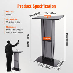 Acrylic Podium, 47" Tall, Acrylic Podium Stand with Wide Reading Surface & Storage Shelf, Floor-standing Clear Pulpits Acrylic for Church Office School, Black