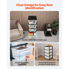 Plastic Storage Drawers Cart, 4 Drawers Storage Organizer with Wheels, Rolling Closet Organization and Storage Dividers, Dresser Organizer Clear Bins for Office Supplies, Craft Rooms, Classrooms