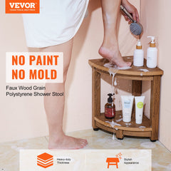 Corner Shower Bench, 16.5" Height 12.8" Radius, Faux Wood Grain Polystyrene, 158KGS with Storage Shelf, Water Resistant, Shower Stool for Inside & Outside Shower, for Bathroom, Living Room