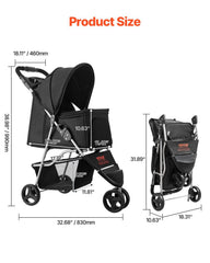 Pet Stroller, 16KG Weight Capacity, Foldable Dog Stroller Cart, 3 Wheels Cats Strollers with Mesh Windows and Cup Holders, Portable Pet Carrier Strollers with Brake, for Small to Medium Pets