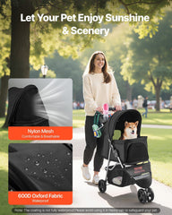Pet Stroller, 16KG Weight Capacity, Foldable Dog Stroller Cart, 3 Wheels Cats Strollers with Mesh Windows and Cup Holders, Portable Pet Carrier Strollers with Brake, for Small to Medium Pets