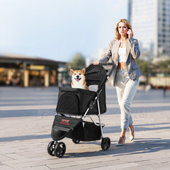 Pet Stroller, 16KG Weight Capacity, Foldable Dog Stroller Cart, 3 Wheels Cats Strollers with Mesh Windows and Cup Holders, Portable Pet Carrier Strollers with Brake, for Small to Medium Pets