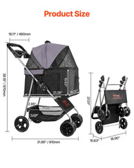 Pet Stroller, 16KG Weight Capacity, Foldable Dog Stroller Cart, 4 Wheels Cats Pram with Detachable Carrier & Mesh Windows, Portable Animal Carrier with Brake for Small to Medium Pets