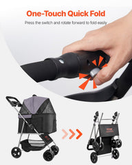 Pet Stroller, 16KG Weight Capacity, Foldable Dog Stroller Cart, 4 Wheels Cats Pram with Detachable Carrier & Mesh Windows, Portable Animal Carrier with Brake for Small to Medium Pets